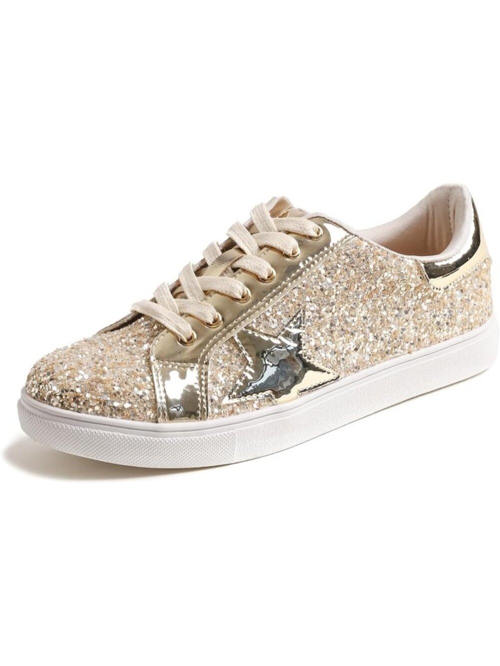 Women's Light Gold Glitter Star Lace Up Sparkly Party Shiny Fashion Sneakers